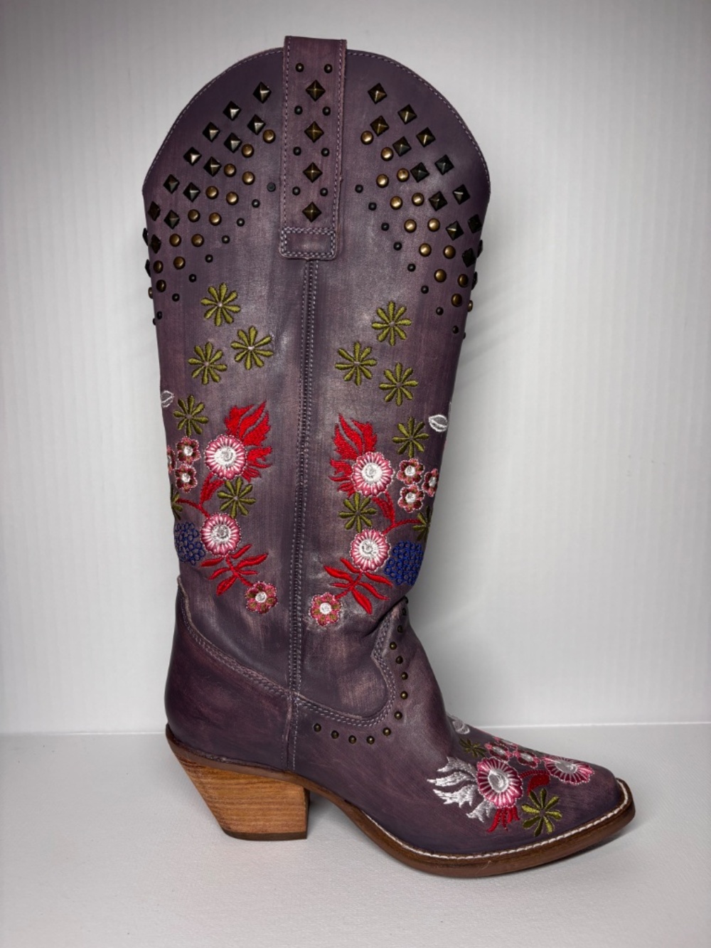 Dingo Lavender Floral Embroidered Leather Cowboy Boots Studded Western Size 6 - Picture 9 of 16